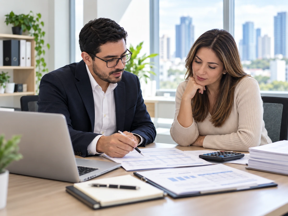 Contadora asesorando a un cliente sobre su declaración de renta
