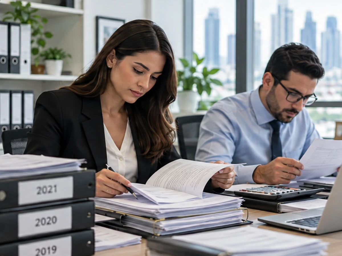 Profesionales revisando y ordenando documentos contables de varios períodos