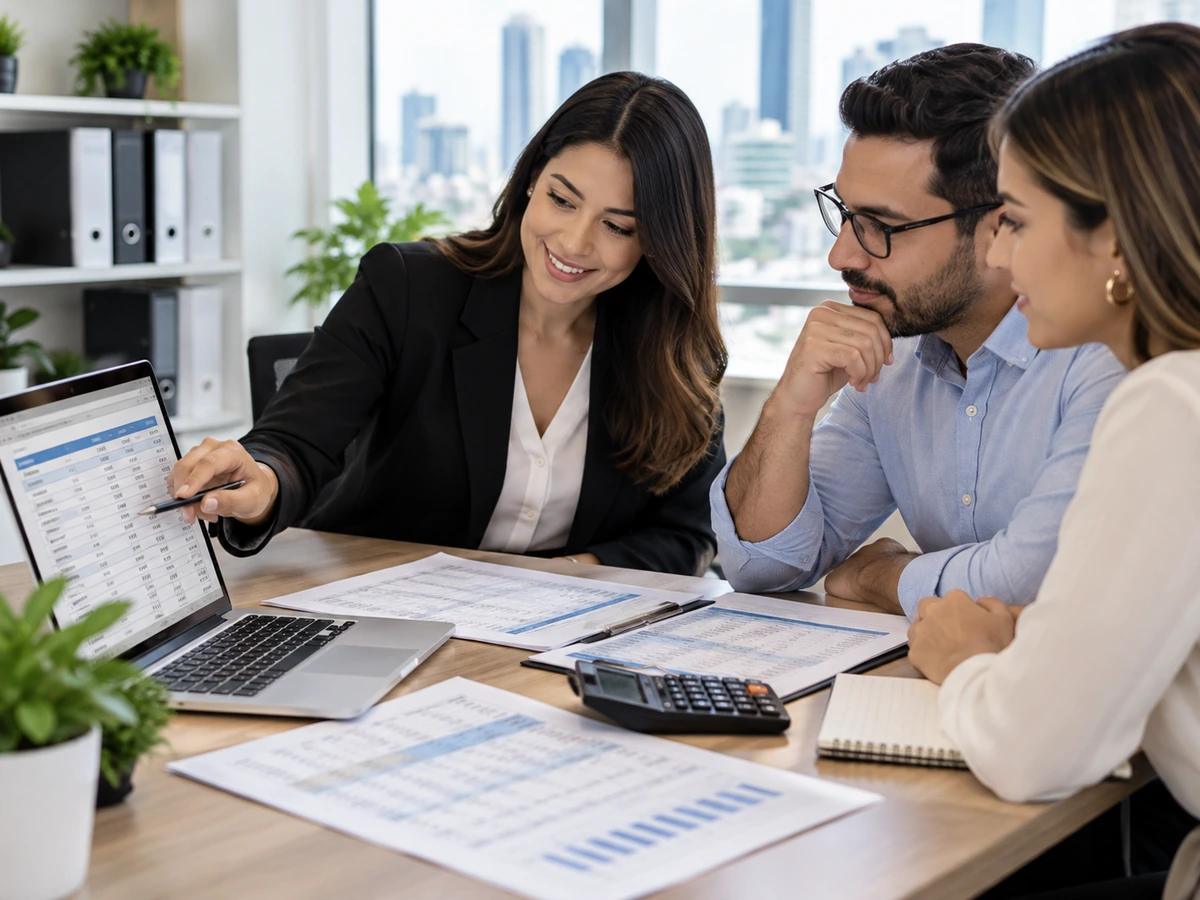 Contadora revisando una planilla con clientes en una oficina profesional