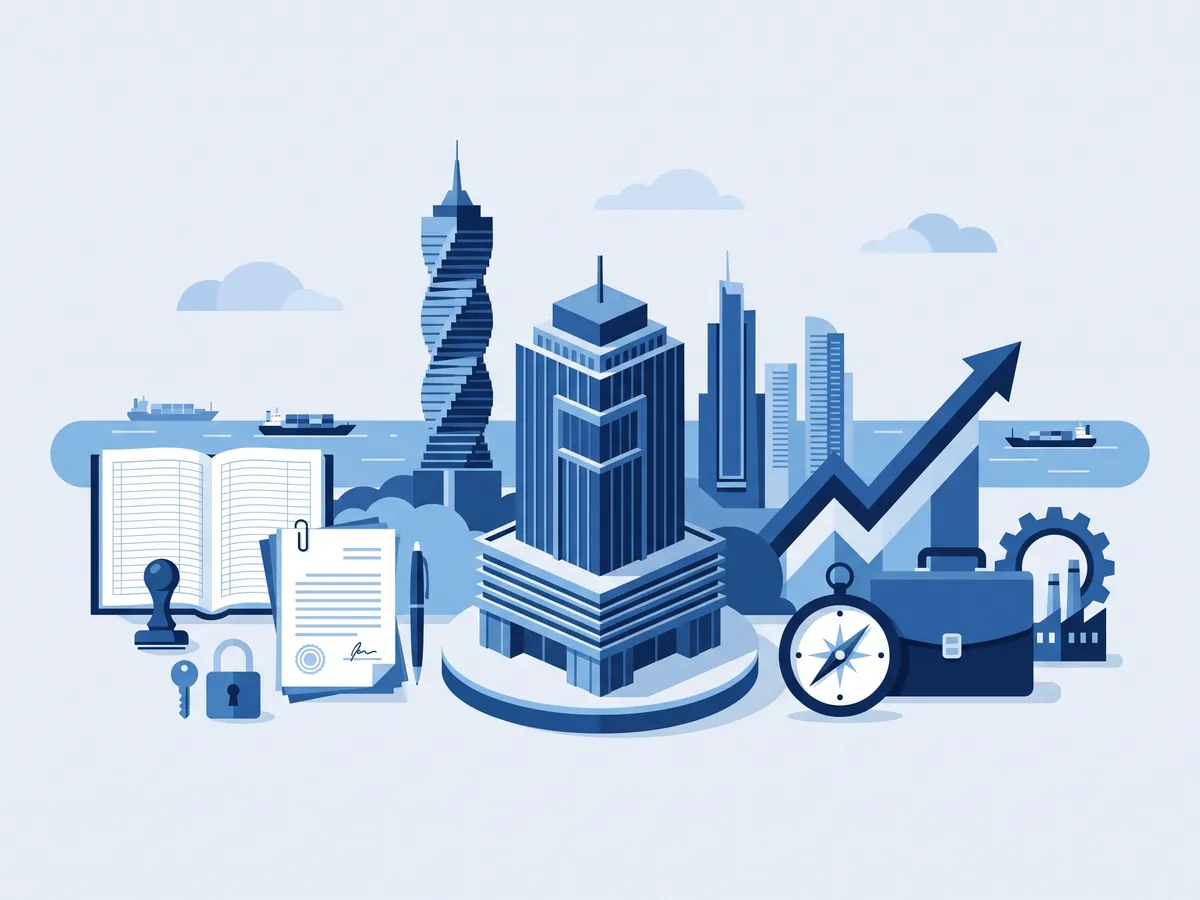 Ilustración de edificios de Ciudad de Panamá con documentos firmados, sello, candado y maletín de negocios